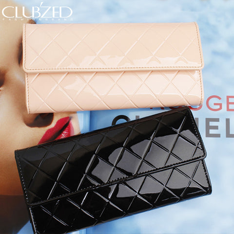 A4018 Long Checker Embossed Genuine Patent Leather Tri-fold Wallet Clearance