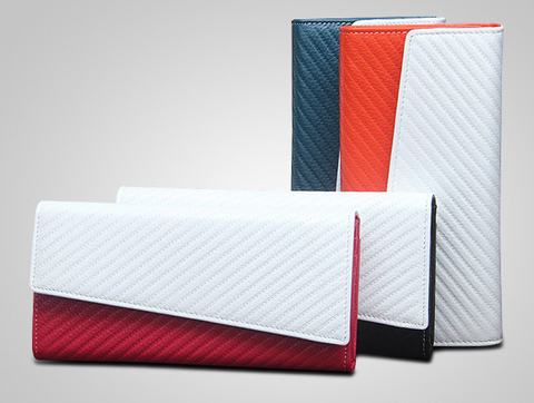 A4016 Contrasting Two Tones Strip Genuine Leather Long Tri-fold Wallet Clearance