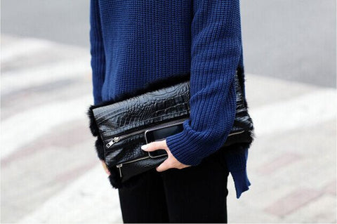 A4032 Classy Black Alligator Embossed Faux Patent Leather Fur Bi-fold Clutch Evening Purse Clearance