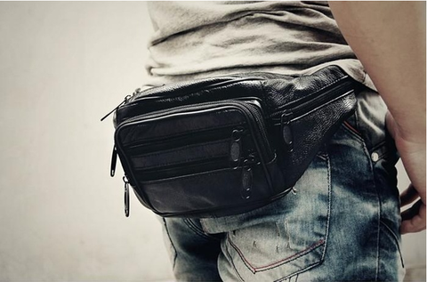 B6005 7 Zippered Compartments Black Genuine Leather Fanny Bags / Waist Bag / Travel Pouch SALE