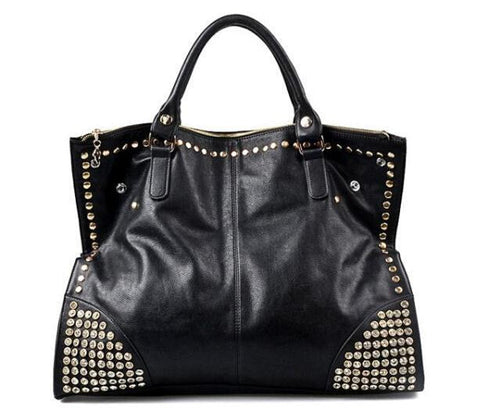 C5004 Large Black Chic Rhinestones & Studs Fashion Cross-body Shopping Tote Purse Clearance