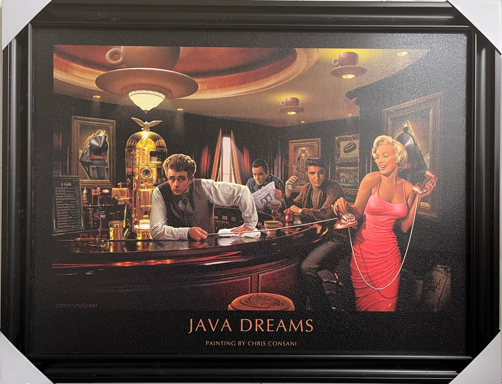 22"x34" JAVA DREAMS - Painting By Chris Consani (Elvis Presley, Marilyn Monroe, Humphrey Bogart and James Dean)