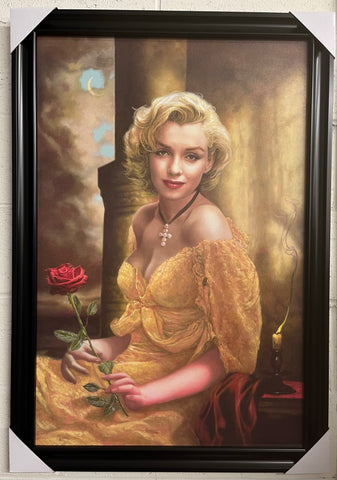24"x36" Marilyn Monroe - Wearing a yellow lace dress and holding a red rose