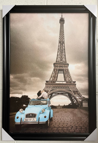 24"x36" Paris Romance In Blue Car (960YF75, Citroen 2CV) & Eiffel Tower