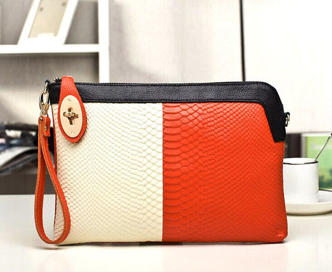 A4010 Chic Two Tones Python Embossed Genuine Leather Cross-body Clutch Purse SALE