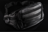 B6005 7 Zippered Compartments Black Genuine Leather Fanny Bags / Waist Bag / Travel Pouch SALE.