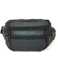 B6005 7 Zippered Compartments Black Genuine Leather Fanny Bags / Waist Bag / Travel Pouch SALE.