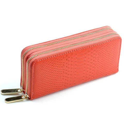 A4025 Classy Long Python-Embossed Genuine Leather Double Zips Around Wallet SALE