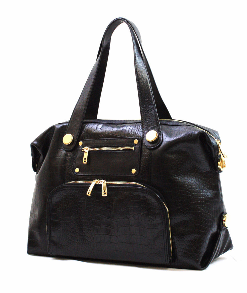 8685420 FFANY Exclusive Large Black Alligator Embossed Genuine Leather Duffle Shoulder Tote Purse SALE.