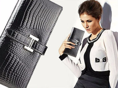 A4015 Long Chic Python Embossed Genuine Patent Leather Bi-fold Wallet SALE